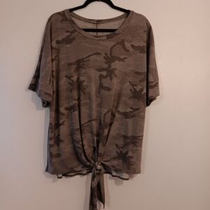 Jodifl Women's Tie Front Top, Camouflage Print, Short Sleeve, Casual,‎ Medium